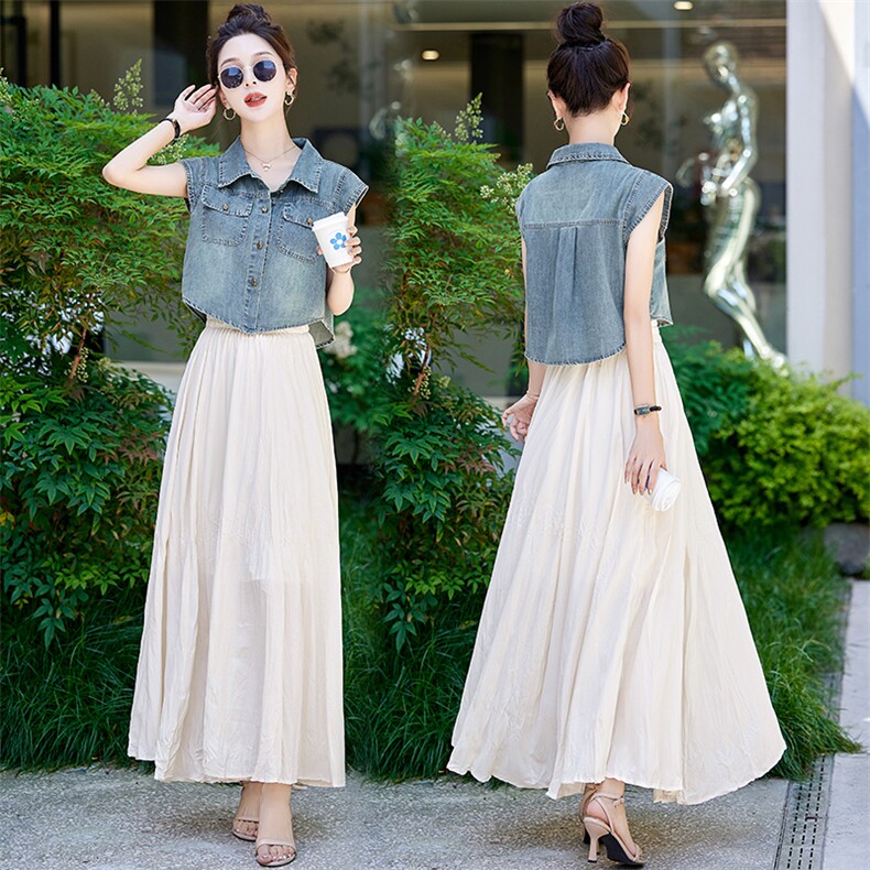 2024夏季新款淑女气质牛仔半裙套装时尚显瘦高腰长裙两件套，女装套装/套裙，魅丽静蓝