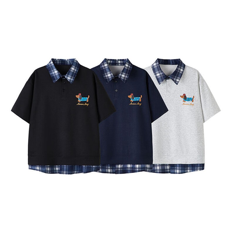 胖胖哥港风假两件腊肠狗短袖T恤男款夏季大码宽松休闲polo衫上衣,男装T恤,电商A059