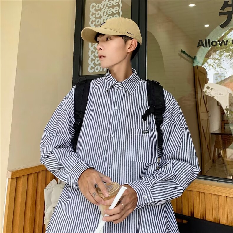 长袖条纹衬衫男韩版ins宽松帅气百搭学院风休闲衬衣外套CS224-p30,男装衬衫,星座1008