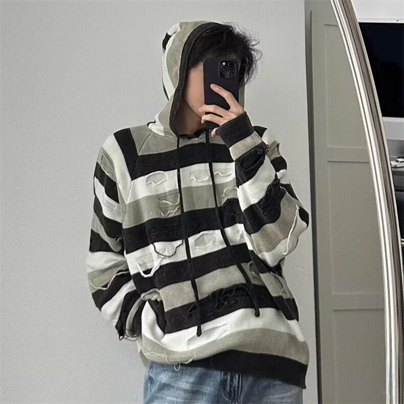 潮流条纹连帽卫衣男春秋季新款韩版宽松破洞长袖上衣MY782-P52,男装卫衣,星座208-5