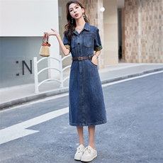 时尚减龄中式牛仔裙衬衫领收腰舒适牛仔长裙连衣裙女夏款，女装连衣裙，丽影随形