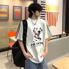 抖音得物高品质二开240克宽松纯棉美式潮牌三条杠织带短袖T恤，男装T恤，电商A486-1