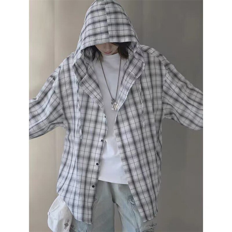 W9974-P50网图现货长袖连帽格子衬衫古休闲慵懒防晒衬衣外套,男装防晒衣,星座1608-2