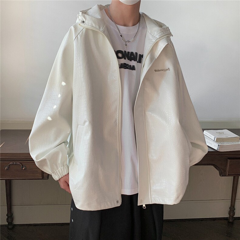 港风连帽鳄鱼纹PU皮衣大码情侣休闲冲锋衣夹克男JK8744P90控128,男装夹克,星座227-7