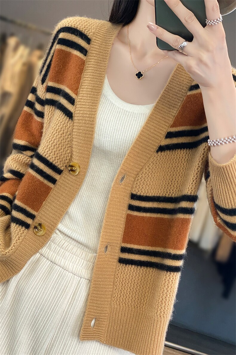 100%纯羊毛开衫女V领条纹拼色长袖毛衣秋冬羊绒外套宽松外搭上衣,女装羊毛衫,琳尚羊绒
