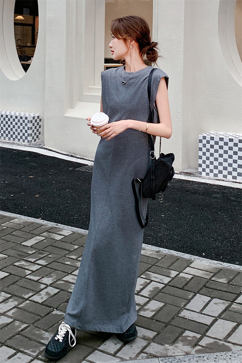慵懒风灰色后背镂空连衣裙女2025夏季新款轻熟气质显瘦修身背心裙,女装连衣裙,浙宝220A