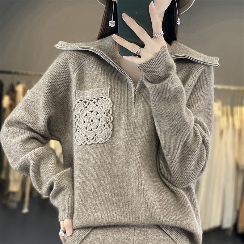 2025秋冬款100%羊毛衫高领半开拉链毛衣女宽松重工勾花羊绒针织衫,女装羊毛衫,江南羊绒