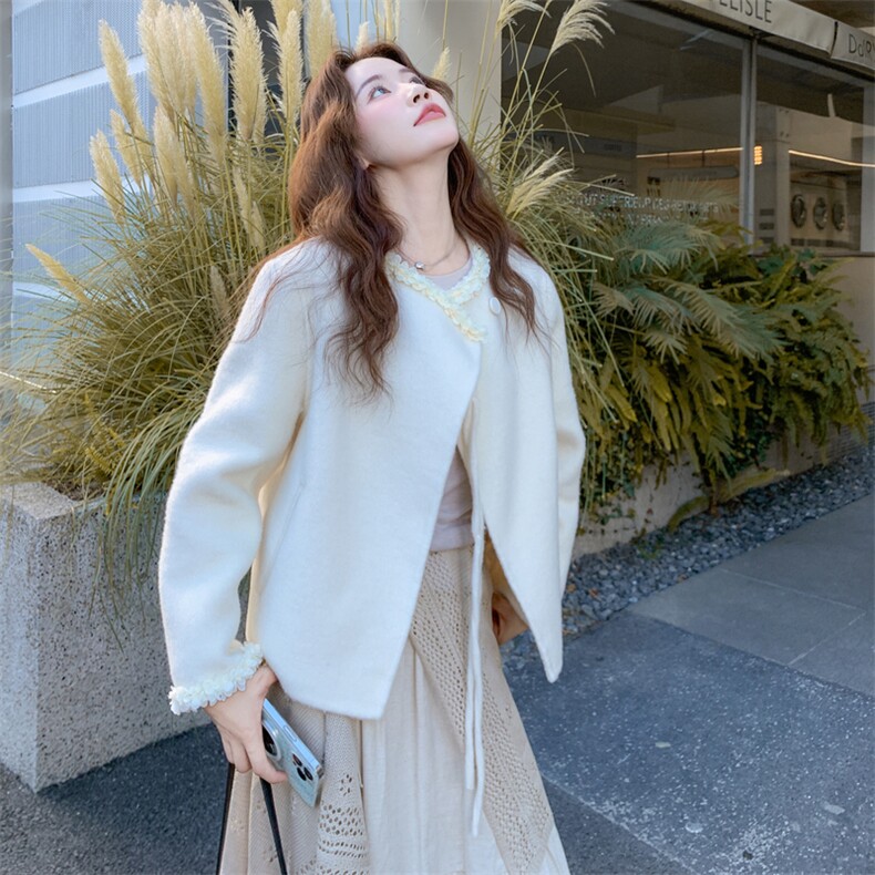 白色小香风花边双面呢羊毛大衣女秋冬季2025新款小个子毛呢短外套,女装羊绒大衣,2C230