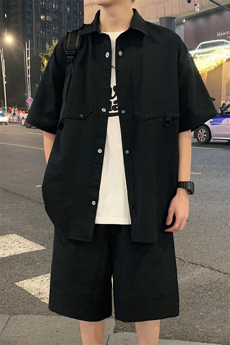 ins潮流男士两件套2024夏季休闲百搭宽松创意潮牌五分袖衬衫短裤,男装牛仔裤,电商A409-1