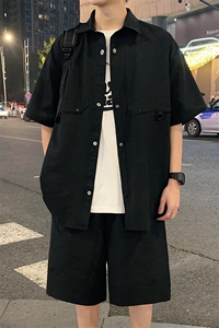 ins潮流男士两件套2024夏季休闲百搭宽松创意潮牌五分袖衬衫短裤图片