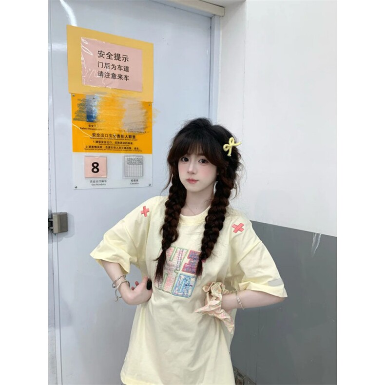 H0917-P35贴布刺绣230克纯棉设计感小众短袖t恤夏季宽松上衣,女装T恤,星座617A-2