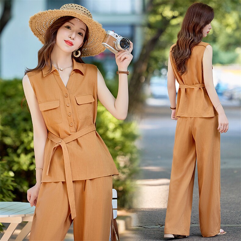 老钱风亚麻套装女2026夏新款巨好看的职业气质无袖衬衫阔腿裤穿搭，女装套装/套裙，美沁