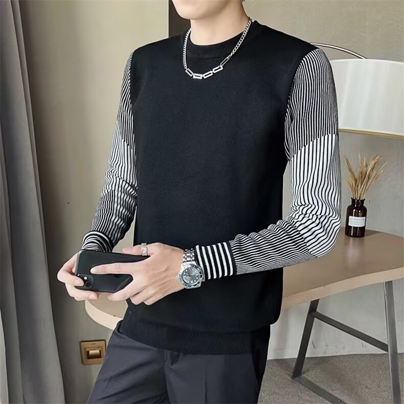 条纹拼接小领口毛衣男网红慵懒假两件内搭针织衫秋冬上衣Q116-P40,男装针织衫/毛衣,星座1109-3