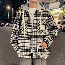 格子拼接夹克男士春秋季2025新款港风复古假两件连帽宽松大码外套，男装夹克，星座304A-1