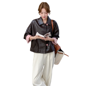 美拉德复古咖色淡人皮衣外套女秋季2025新款高级感休闲单排扣夹克图片