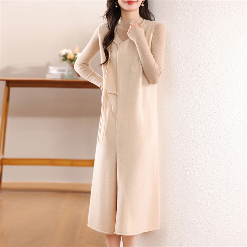 秋冬新款盘扣一朵花马甲裙女针织羊毛背心连衣裙，女装马甲，江南羊绒