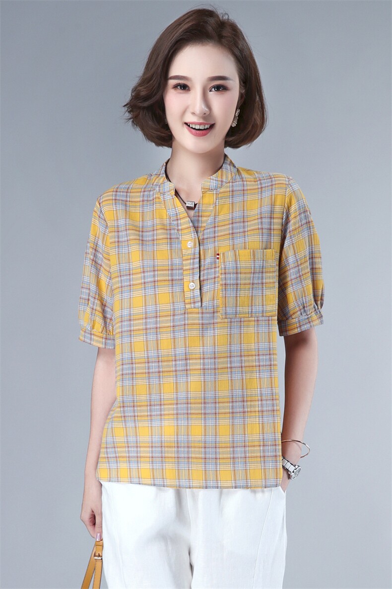 夏季格子衬衫女V领短袖2026年新款复古宽松显瘦衬衣薄款T恤衫上衣,女装衬衫,板酷