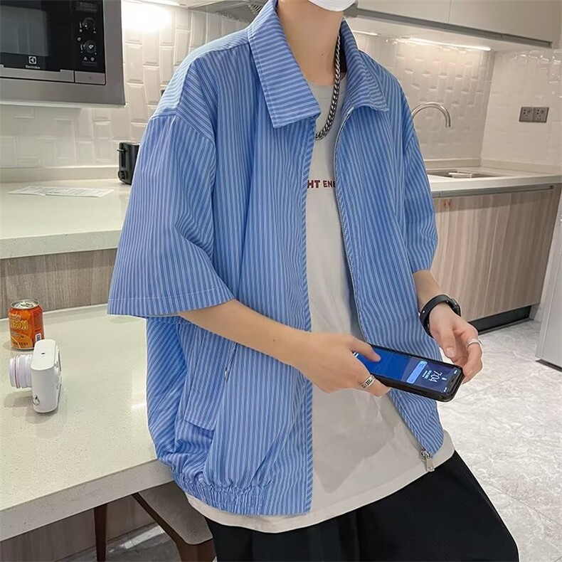 条纹短袖衬衫外套男生夏季小众潮牌日系痞帅宽松百搭半袖寸衫P50,男装衬衫,星座1116-2