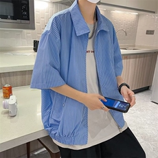 条纹短袖衬衫外套男生夏季小众潮牌日系痞帅宽松百搭半袖寸衫P50，男装衬衫，星座1116-2
