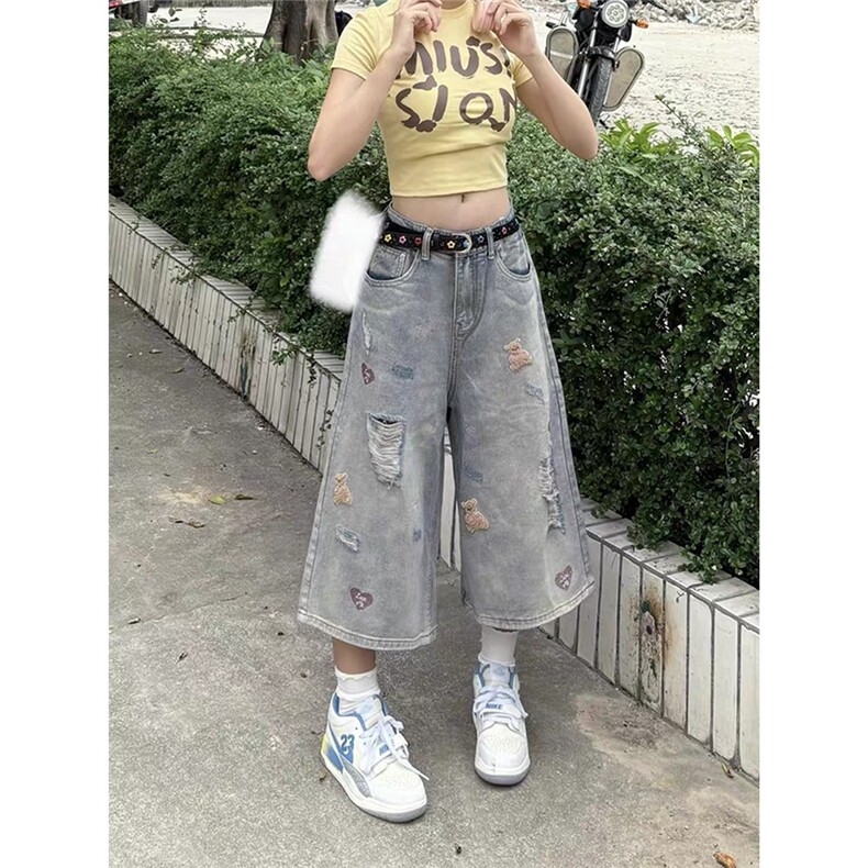复古设计感小熊刺绣破洞牛仔短裤女夏季宽松直筒七分裤显瘦阔腿裤,男装牛仔裤,星座1210-1