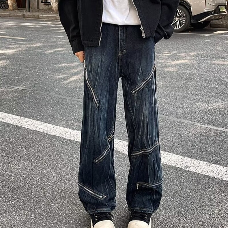 牛仔裤男春秋美式高街痞帅炸街水洗扎染拉链宽松直筒微喇裤子1113,男装牛仔裤,星座506