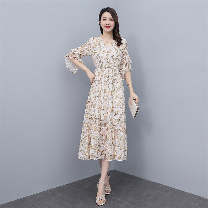 2022新款高端雪纺碎花连衣裙显瘦长裙收腰仙女装裙子,女装连衣裙,雅佳俏