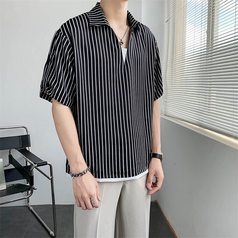 夏款拼接V领冰丝面料条纹套头五分袖短袖衬衫A328-2232-P50,男装衬衫,星座406