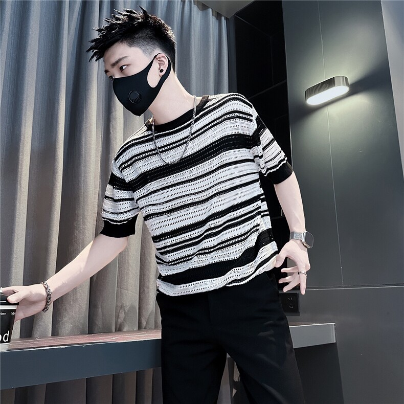 网眼镂空条纹短袖T恤男个性社会小伙店主风301C-DT110-P58控78,男装T恤,星座301C（原B323）
