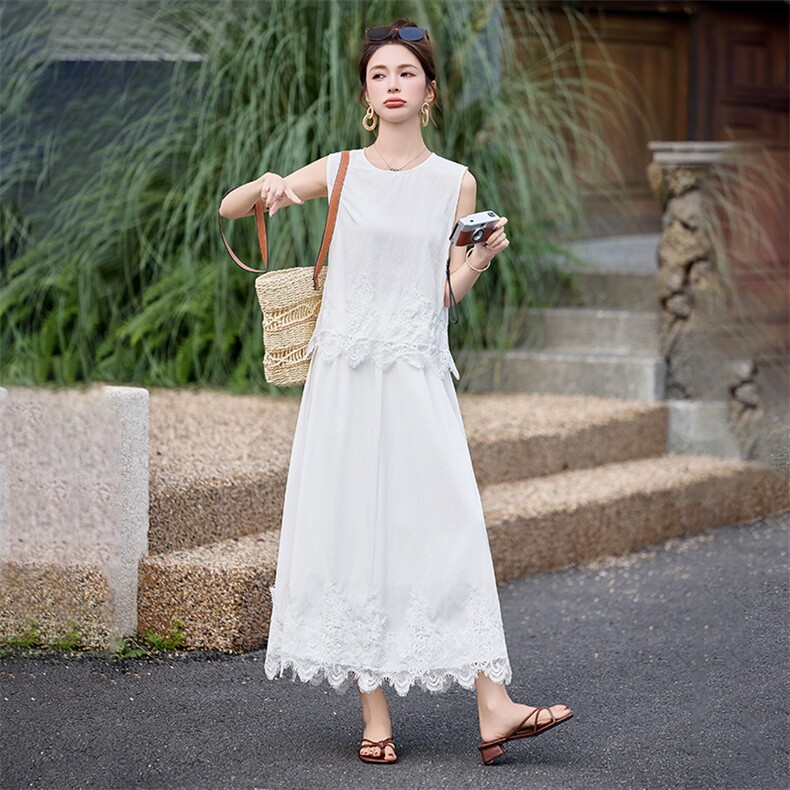 小香风气质蕾丝拼接套装裙女2025夏新款无袖背心上衣半身裙两件套,女装套装/套裙,韩蜜菓