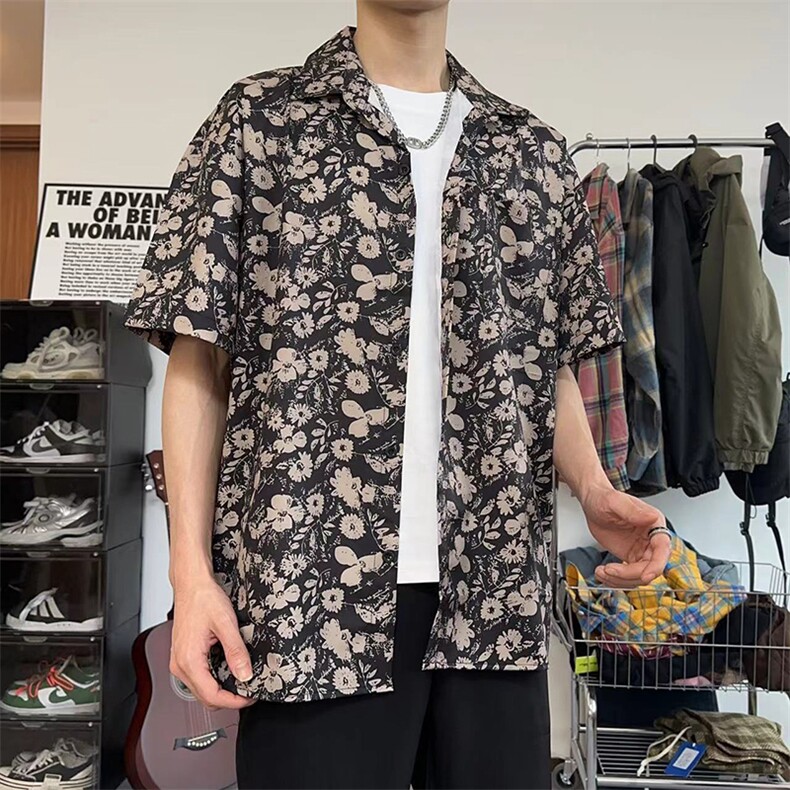 复古痞帅黑花短袖衬衫男女款休闲宽松衬衣外套DX101-特P30限价48,男装衬衫,电商A178