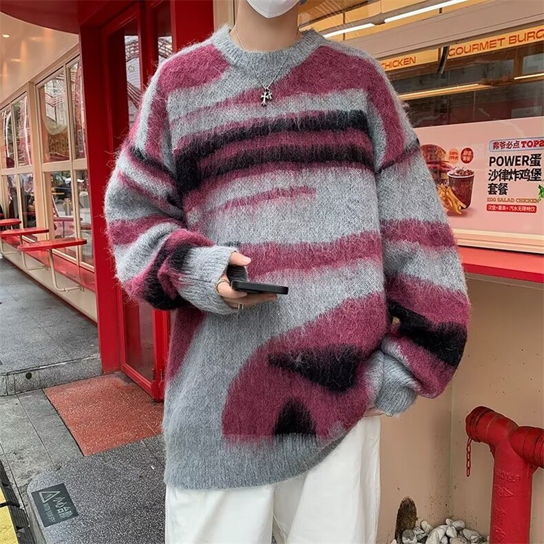美式条纹慵懒风男冬季复古新款马海毛针织毛衣MY235P46,男装针织衫/毛衣,星座1116-2