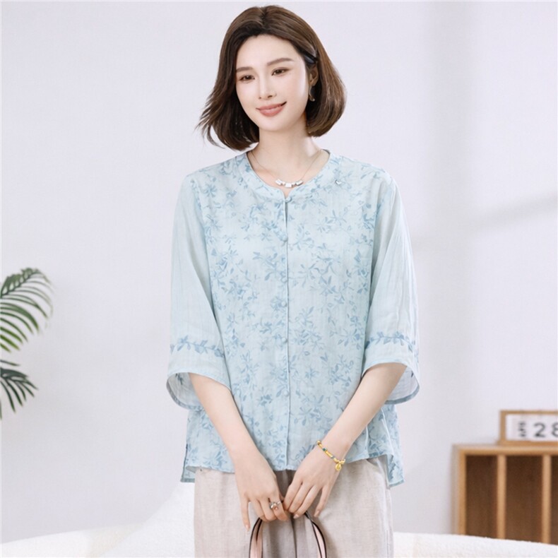 2026夏季苎麻新款碎花衬衫女七分袖中式休闲气质小衬衫,女装衬衫,忆绮罗