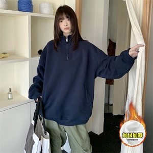 480G重磅加绒硬挺boxy男女秋冬美式高街结构半拉链立领卫衣厚外套图片