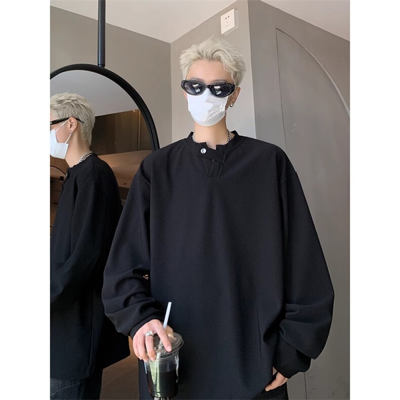 潮牌痞帅亨利领卫衣春季高级感重磅美式高街长袖T恤-Y7065,男装T恤,星座1002-2