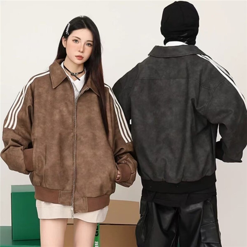 三条杠条纹PU夹克外套美式新款美德拉工装皮衣情侣款HH5519P65,男装皮衣,星座1013-5