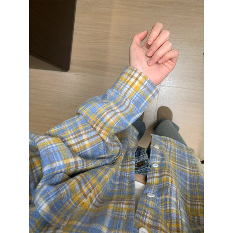 复古蓝黄格子衬衫男女穿搭高级感内搭叠穿格纹衬衣外套K342-P45,男装衬衫,星座1007（原301D）