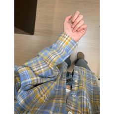 复古蓝黄格子衬衫男女穿搭高级感内搭叠穿格纹衬衣外套K342-P45，男装衬衫，星座1007（原301D）
