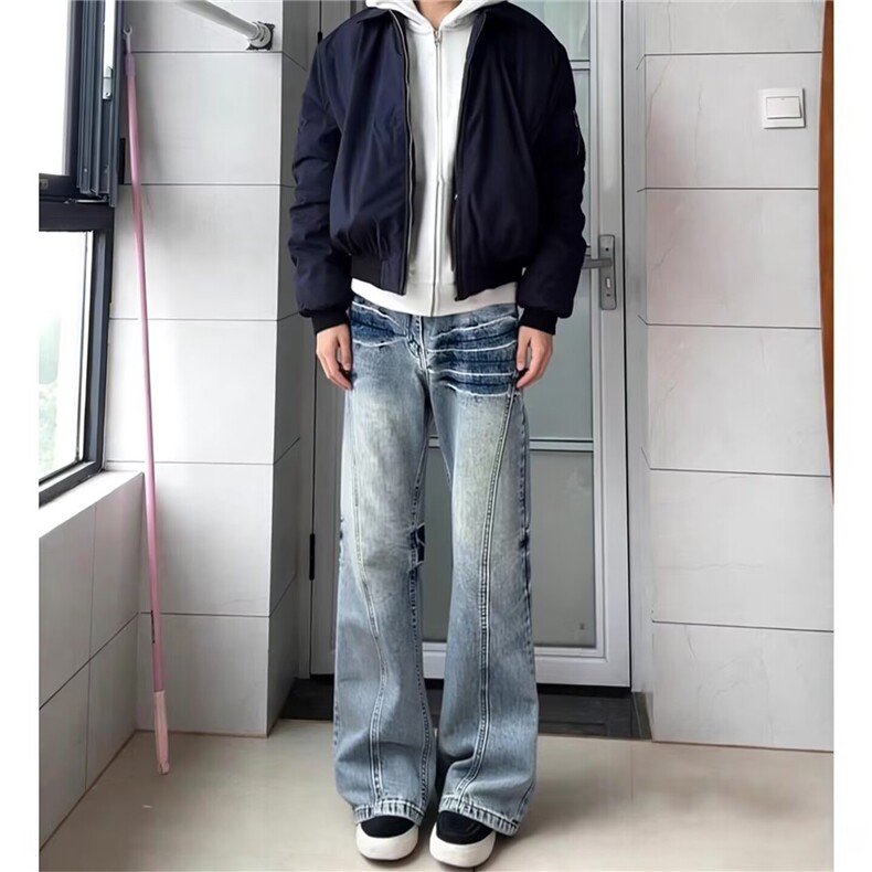 美式高街vibe修身裤子蓝色斜切闪电纹牛仔裤男款显瘦显腿长微喇裤，男装牛仔裤，星座813-2