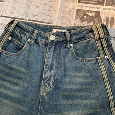 春秋潮牌高街条纹做旧水洗牛仔裤男女个性青少年宽松直筒休闲裤，男装牛仔裤，星座601-2
