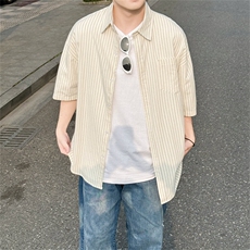2025夏条纹休闲衬衫男宽松短袖衬衣韩版潮流翻领上衣925P45，男装衬衫，星座710