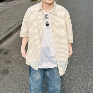 2025夏条纹休闲衬衫男宽松短袖衬衣韩版潮流翻领上衣925P45图片