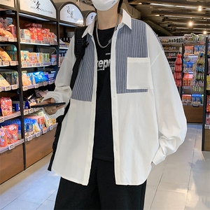 长袖拼色条纹衬衫男港风日系外套C84P35图片