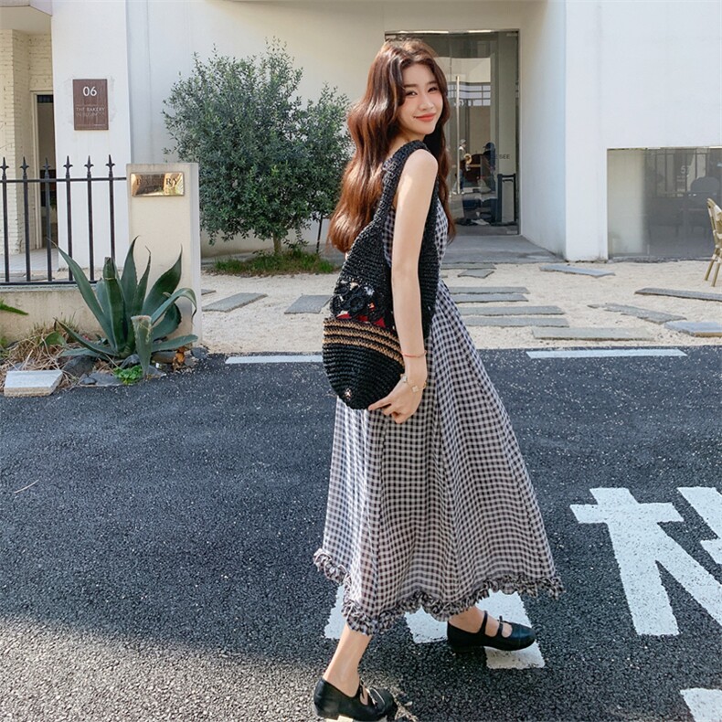 小众设计2025夏季新款减龄黑白格子木耳边少女背心连衣裙女长裙,女装连衣裙,2C158