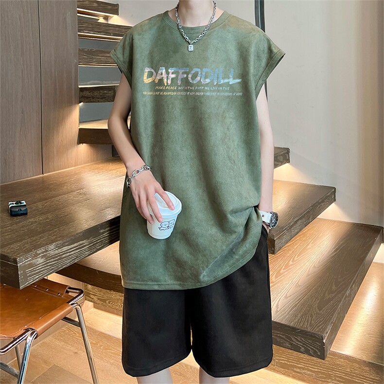 直播美式麂皮绒宽松背心无袖t恤短裤大码两件套套装TZ70-P58,男装T恤,电商A486
