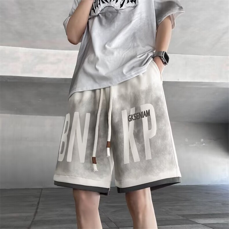夏季美式字母假两件短裤男生潮牌潮流中裤宽松百搭运动五分裤,男装牛仔裤,星座716-3