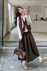 小个子复古长袖T恤马甲半身裙三件套女2025秋新款美拉德显瘦套装，女装套装/套裙，2C029