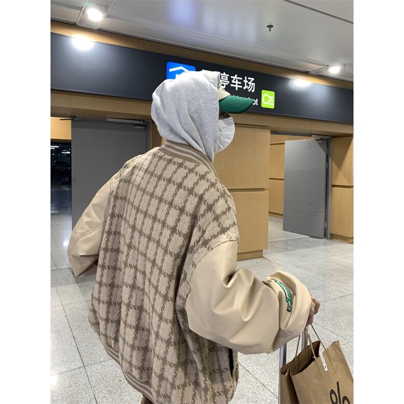 EQ85毛巾绣棒球服外套男格子编织夹克2024新款春装港风P113,男装夹克,电商C306-1