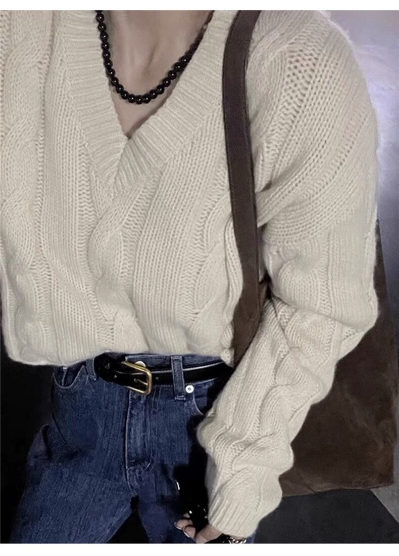 时尚V领麻花立体花纹女士羊毛衫短款显瘦百搭毛衣,女装羊毛衫,千御纺羊绒