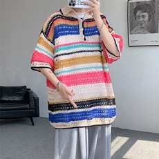 8XL-M特大码美式复古条纹撞色针织POLO衫翻领休闲短袖TDX311P35，男装T恤，电商D206-1