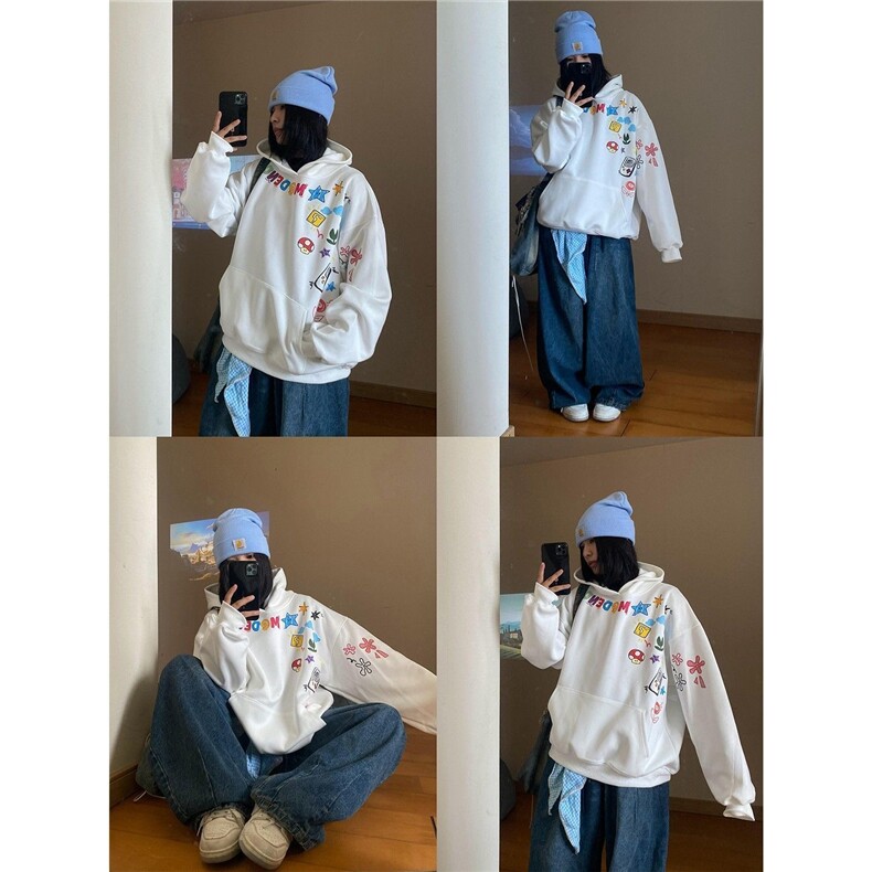 1015-P44美式复古涂鸦卡通字母印花男女情侣连帽,男装卫衣,电商B323A